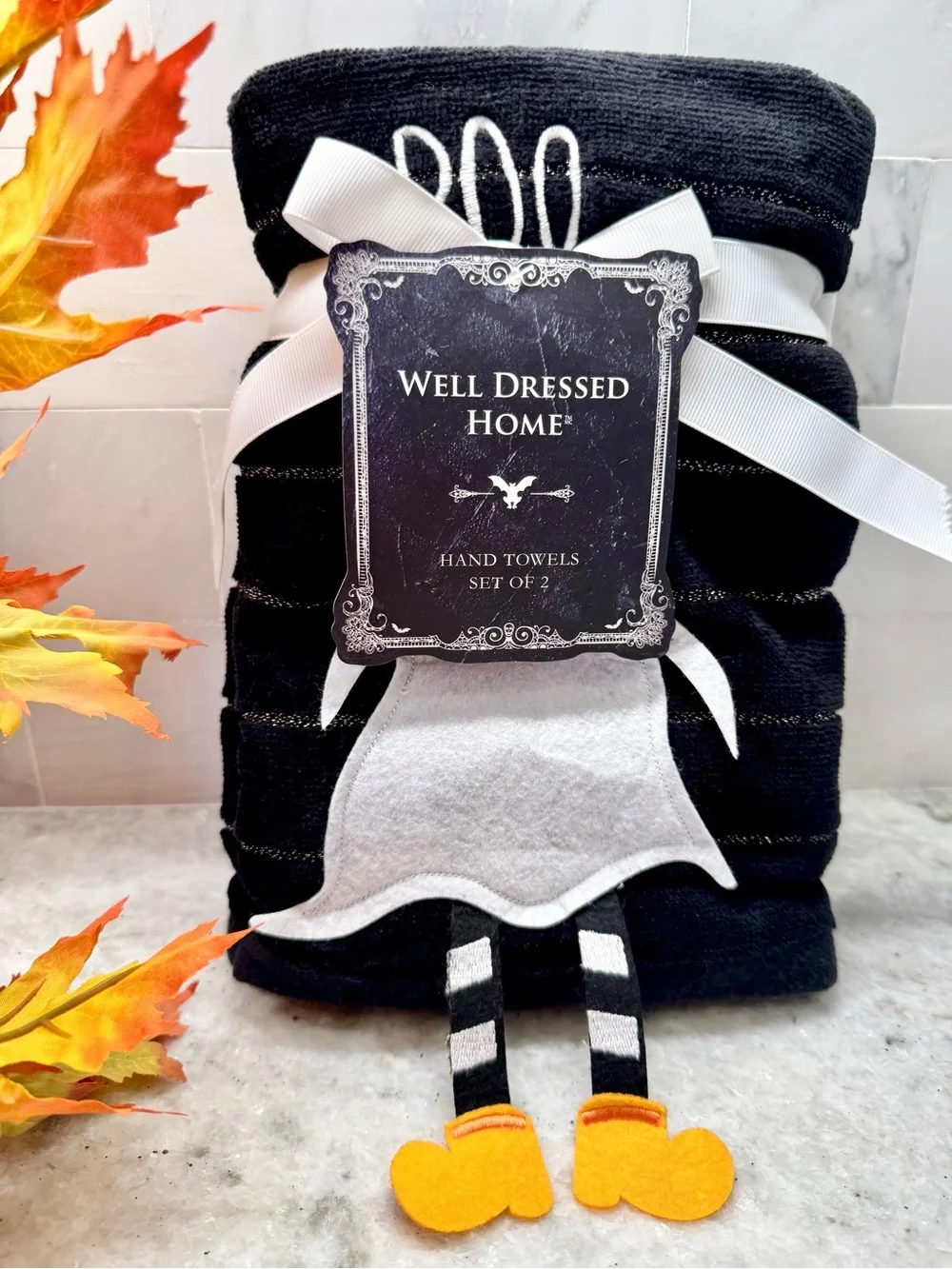 New Halloween BOO Ghost w/ Dangly Legs Black & Sparkle Bath Hand Towels 2Pc Set